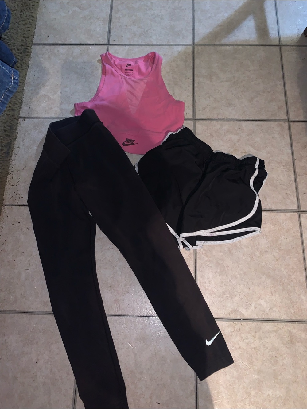 Nike Pink Crop Tank with Black Leggings and Black Shorts